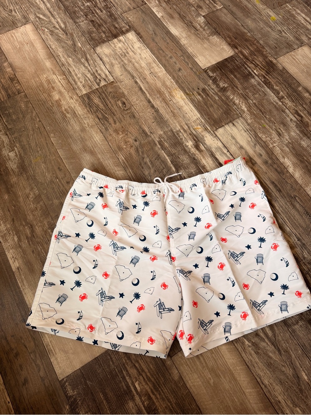 NWT-Magellan Outdoors White Swim Shorts with Navy and Coral Beach Print